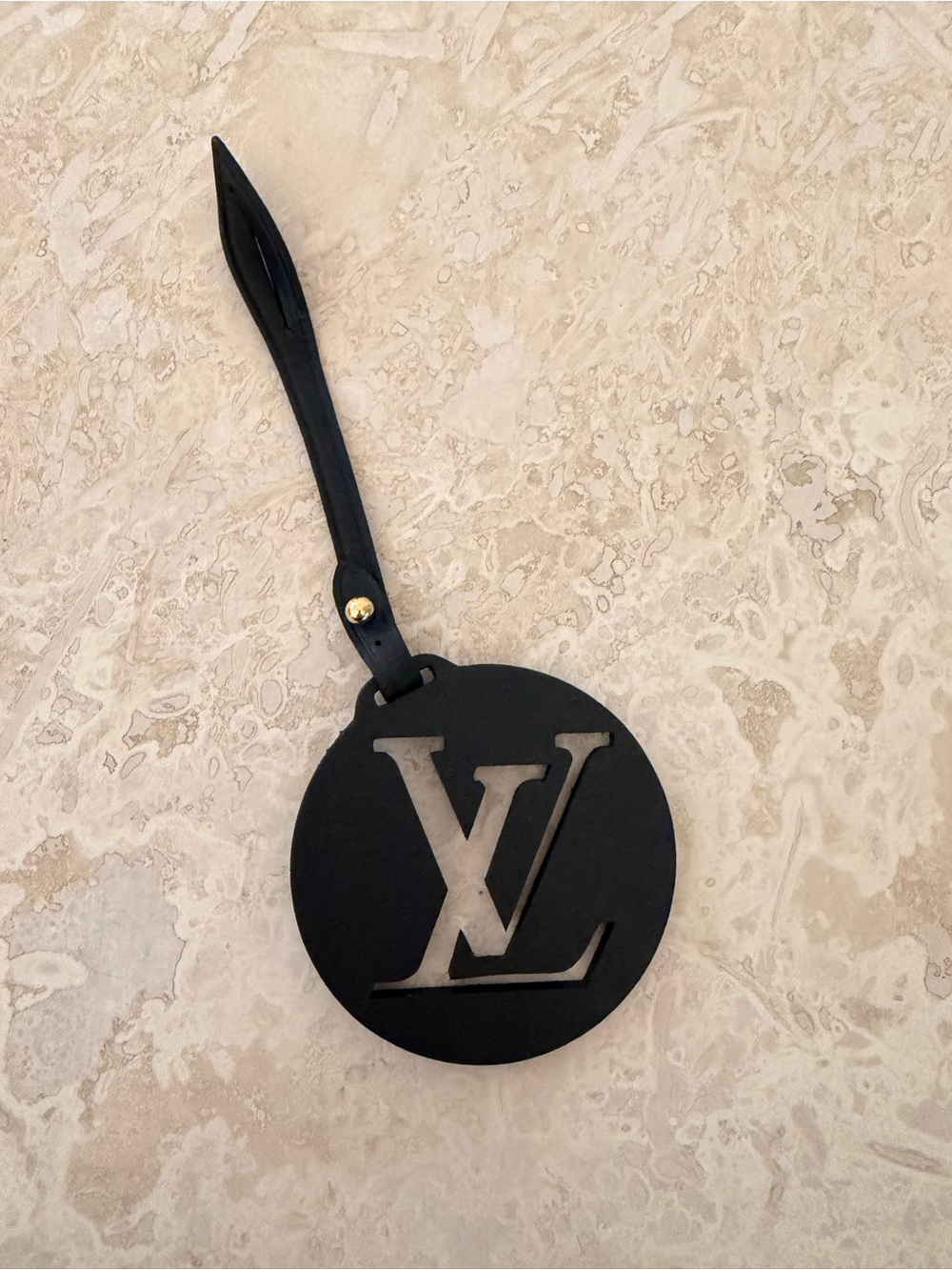 Louis Vuitton Black Round LV Leather Bag Charm with Gold Accent